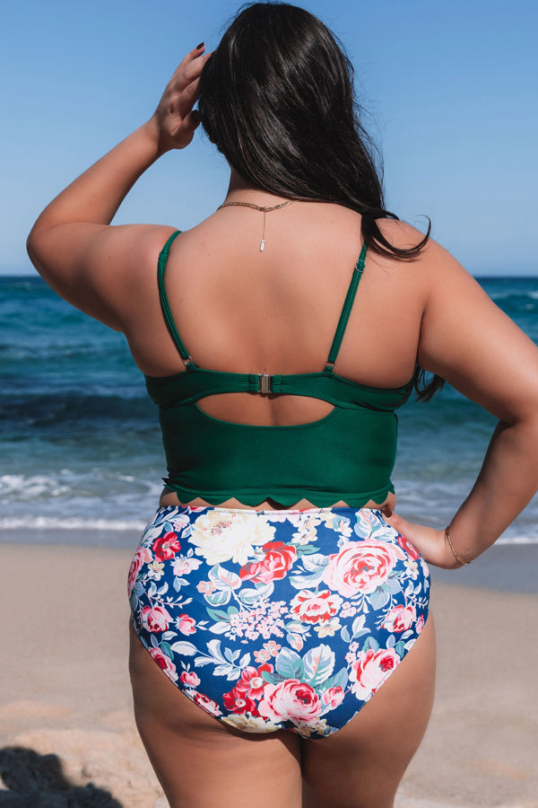 Floral Print Scolloped Hem Plus Size Bikini Set