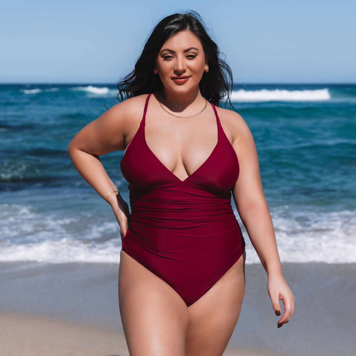Plus Size Solid Color Cross Back One Piece Swimwear