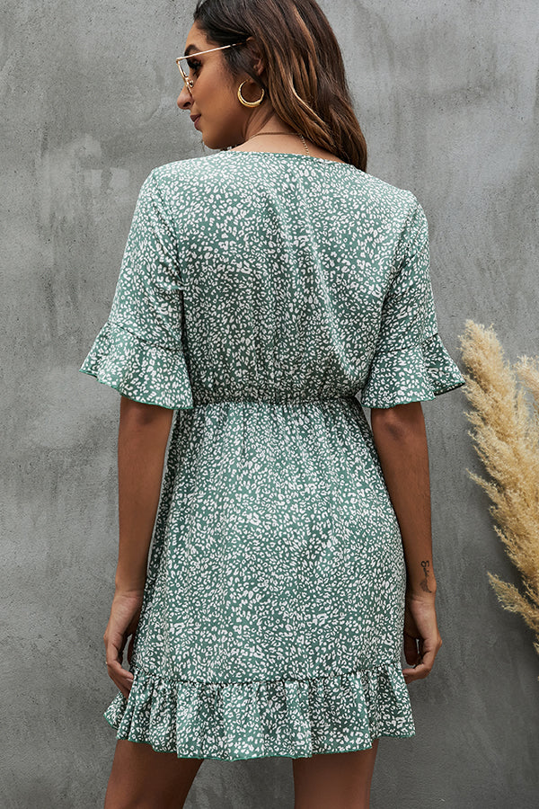 V Neck Printed Trumpet Sleeve Casual Dress