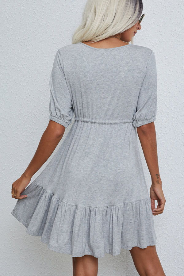 V Neck Drawstring Waist Casual Mini Dress