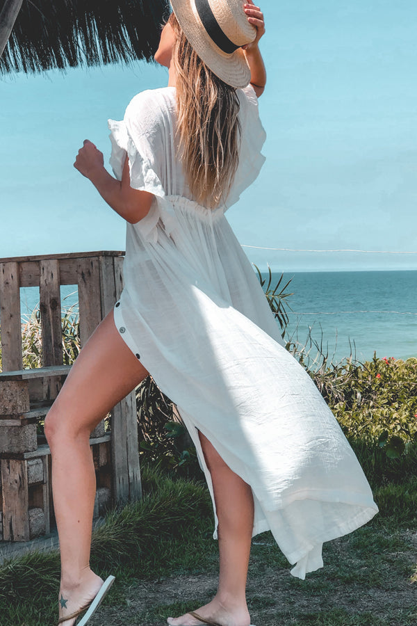 Drawstring Waist Ruffle Short Sleeve Cover Up
