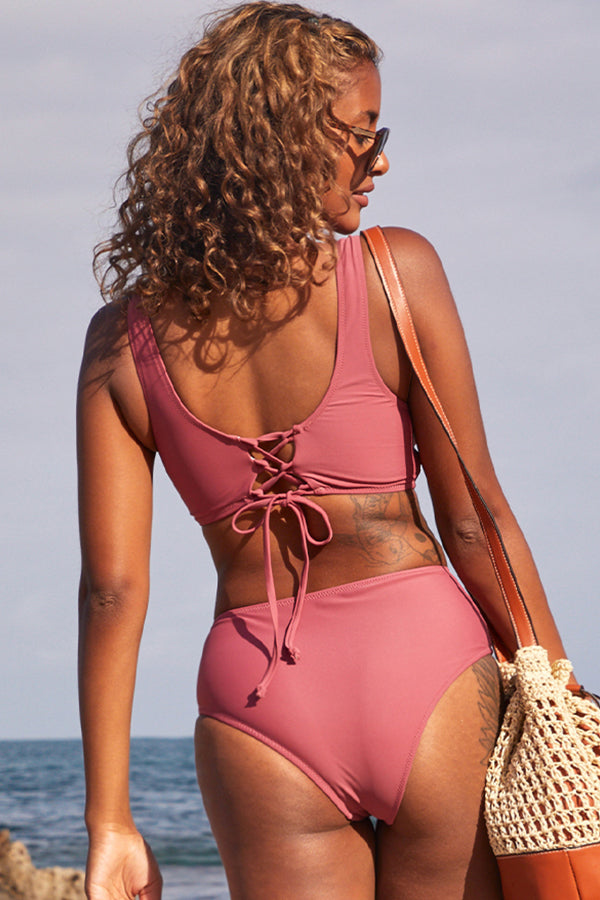 Twist Ring Design Tie Back High Waisted Bikini Set