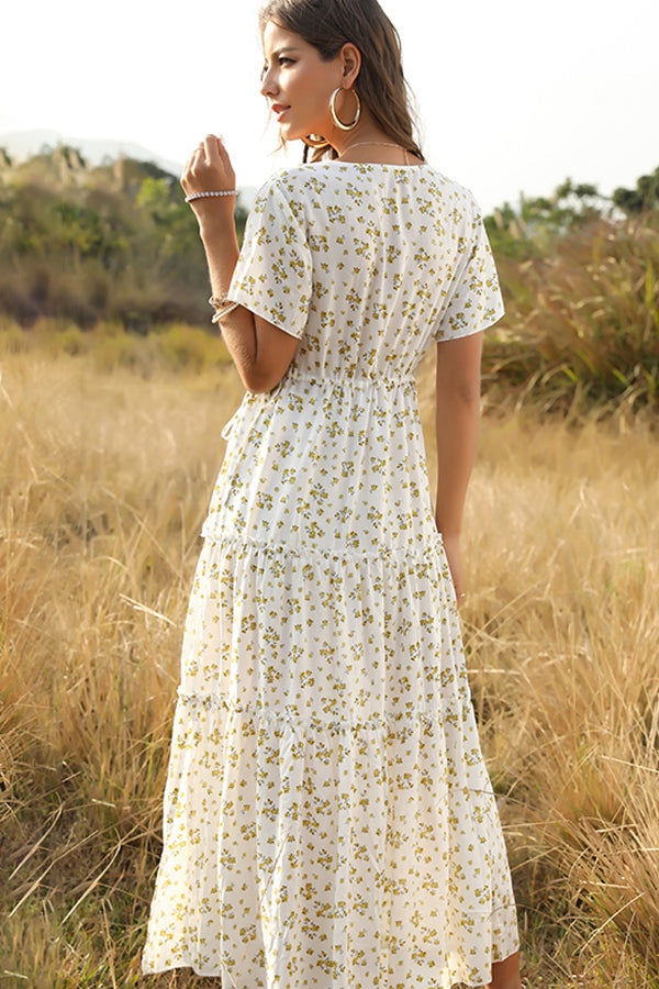 Floral Print Deep V Neck Casual Dress