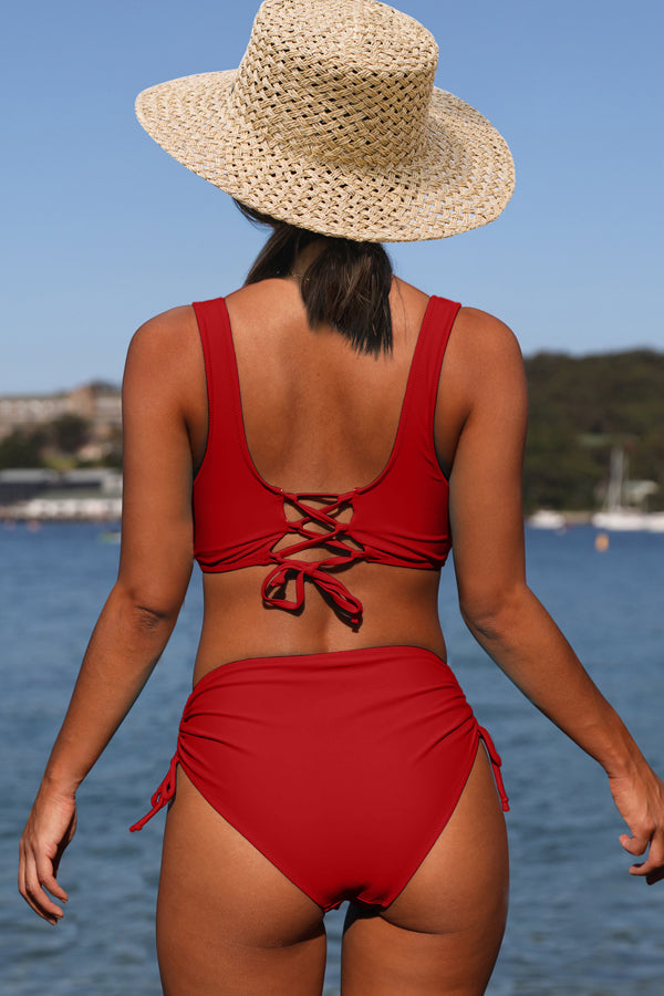 High Waisted Criss Cross Drawstring Side Bikini Set