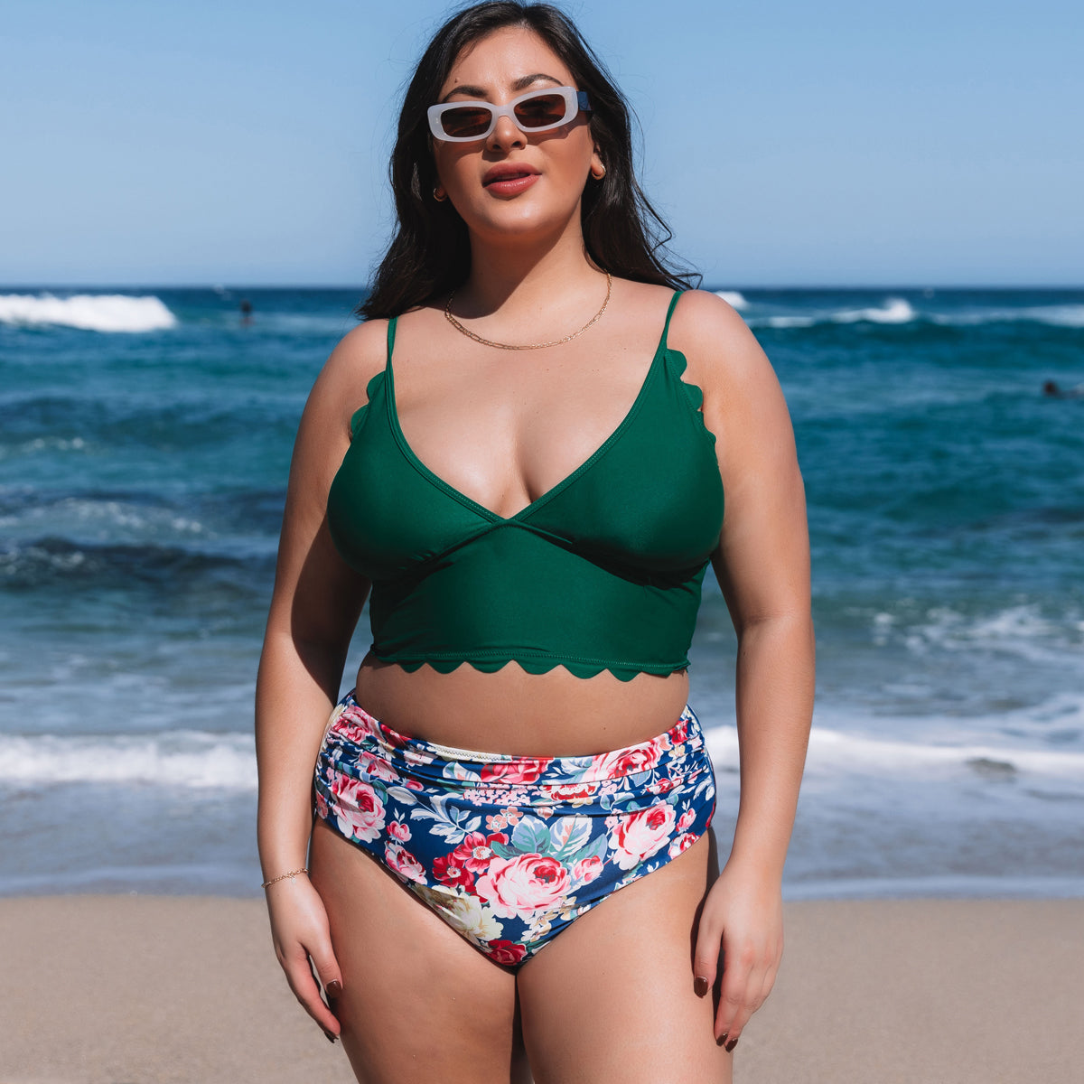 Floral Print Scolloped Hem Plus Size Bikini Set