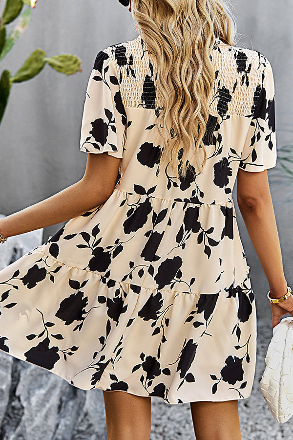 Smocked Design Print Casual Dress
