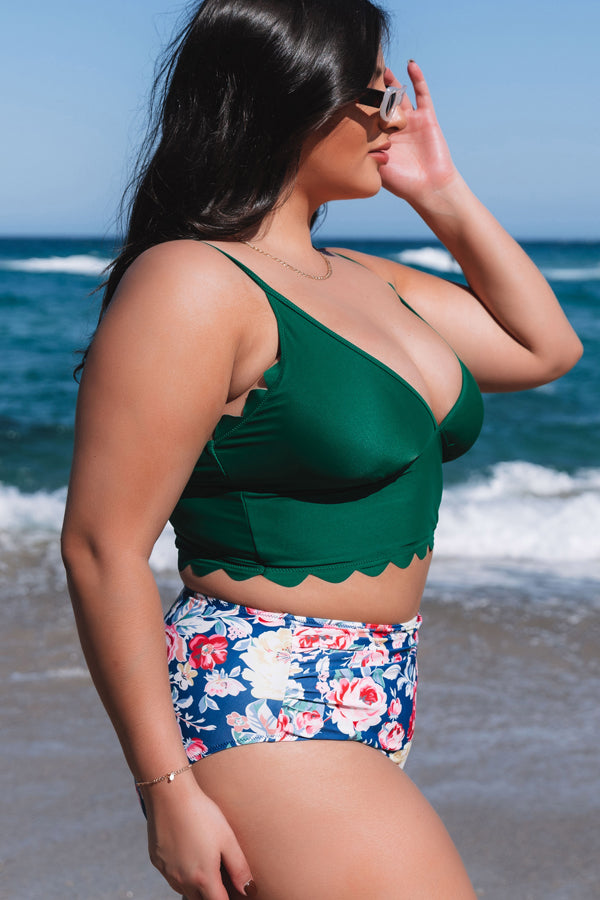 Floral Print Scolloped Hem Plus Size Bikini Set
