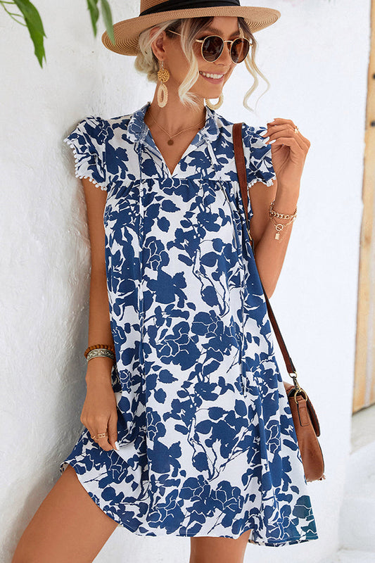 V Neck Printed Ruffled Sleeves Casual Dress