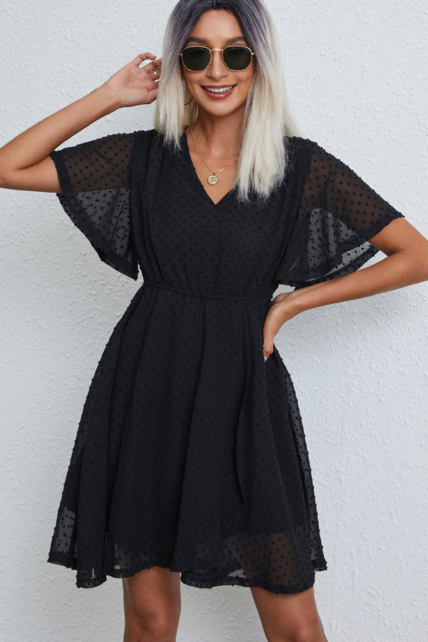 Solid Color V Neck Casual Mini Dress