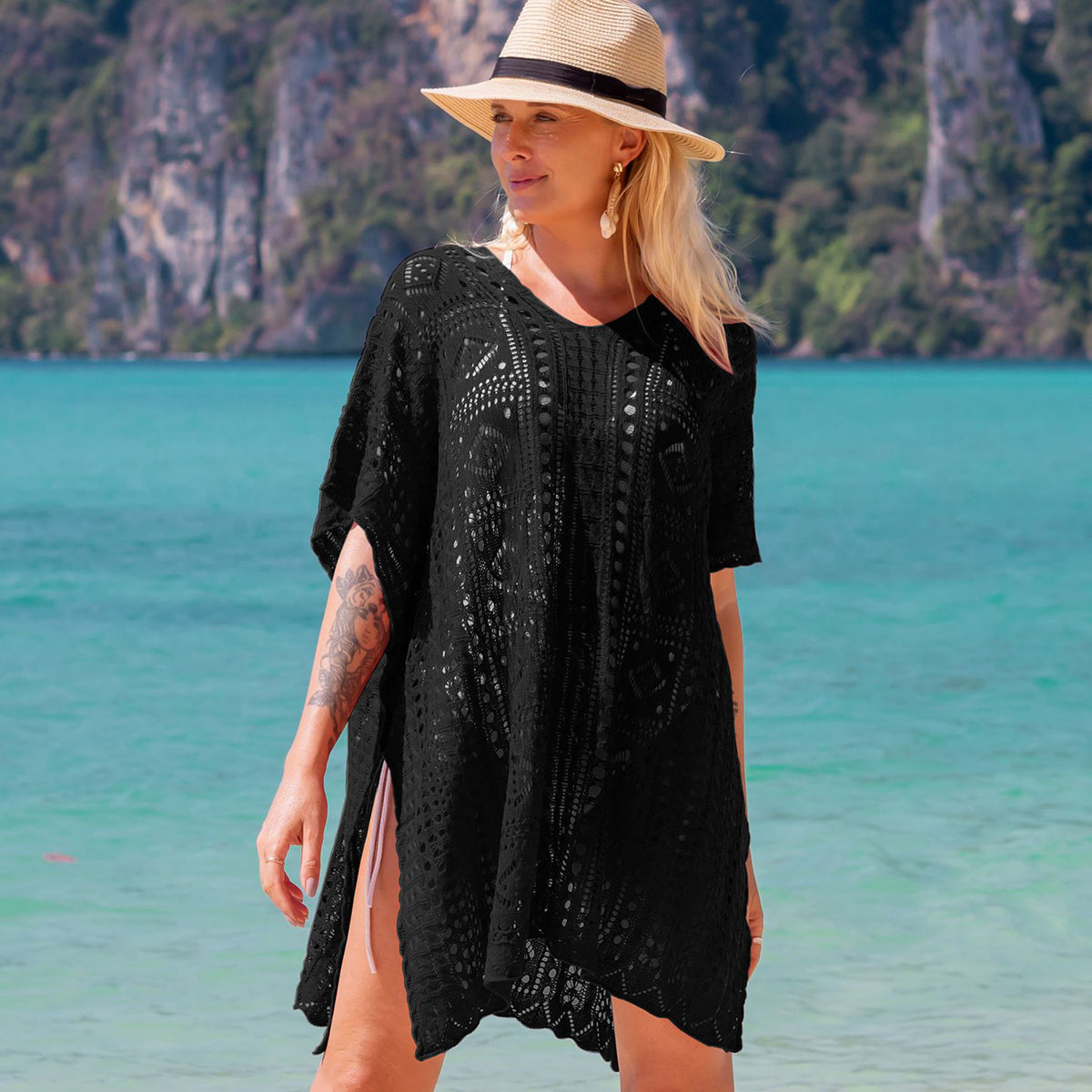 Black Knitting Hollow Swimwear Cover Up