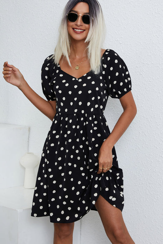 Fashion Dots Print V Neck Casual Dress