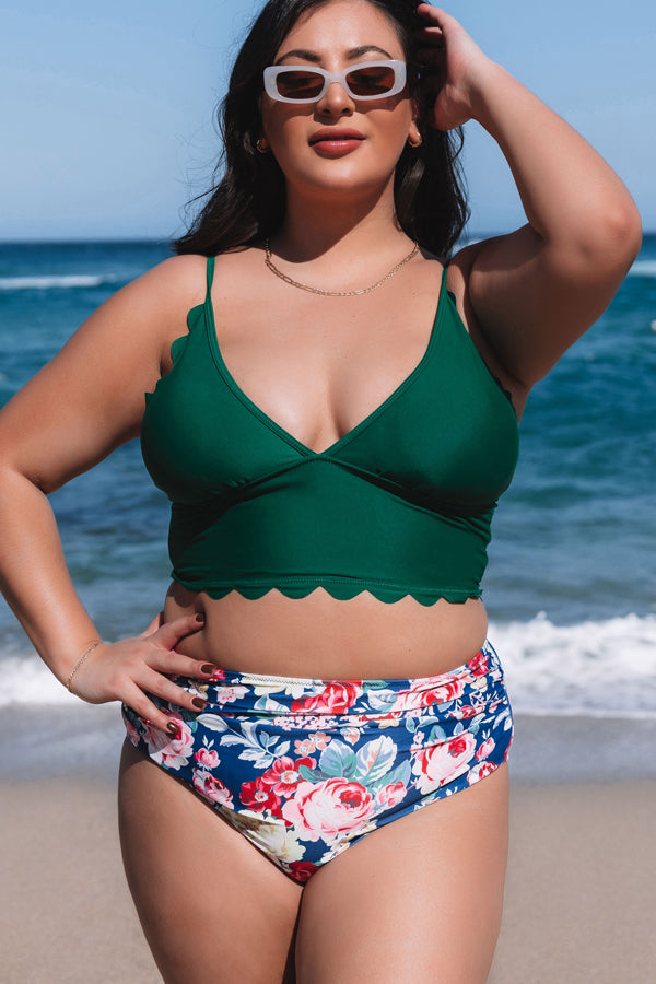Floral Print Scolloped Hem Plus Size Bikini Set