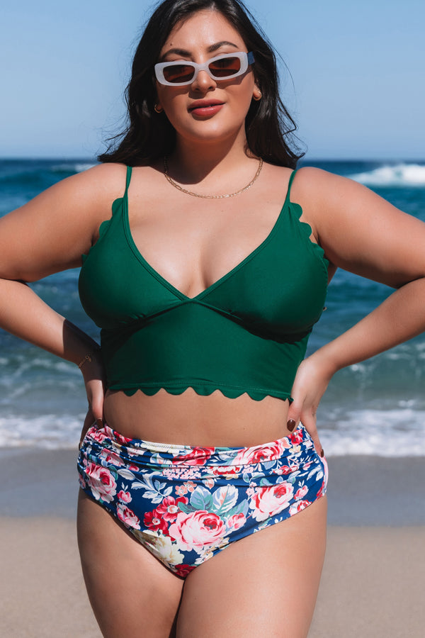 Floral Print Scolloped Hem Plus Size Bikini Set