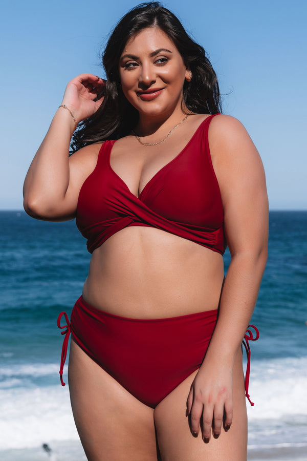 Plus Size Twist Front Solid Color High Waisted Bikini Set