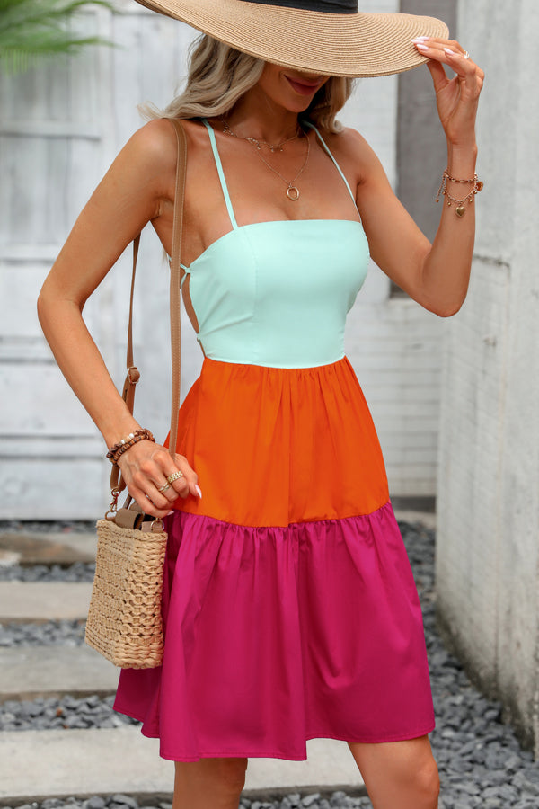 Color Block Tie Back Mini Casual Dress
