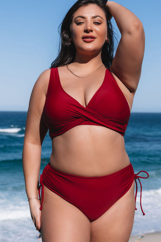 Plus Size Twist Front Solid Color High Waisted Bikini Set