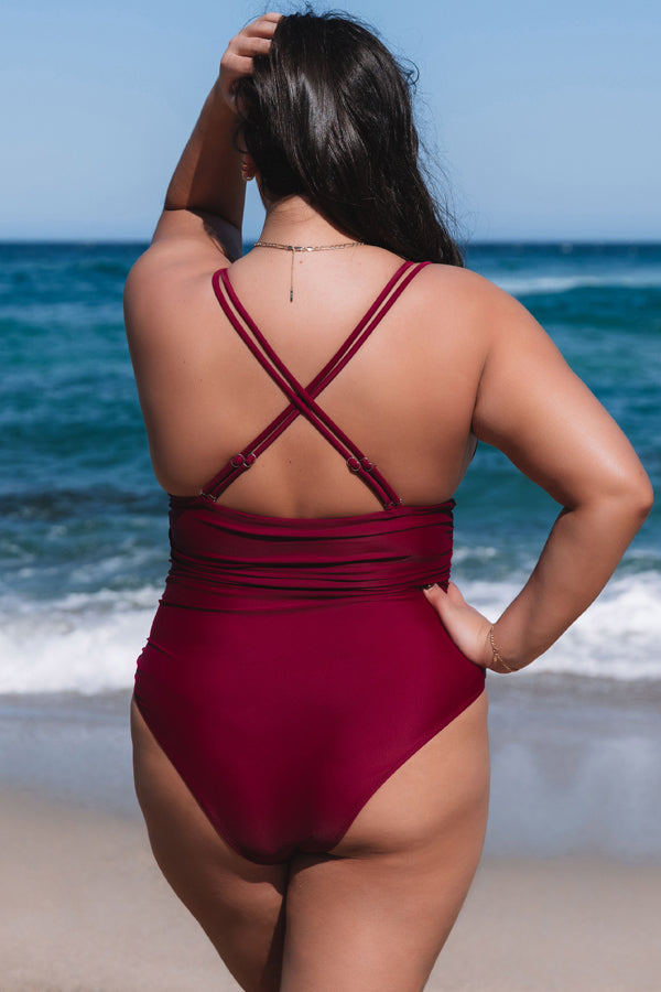 Plus Size Solid Color Cross Back One Piece Swimwear