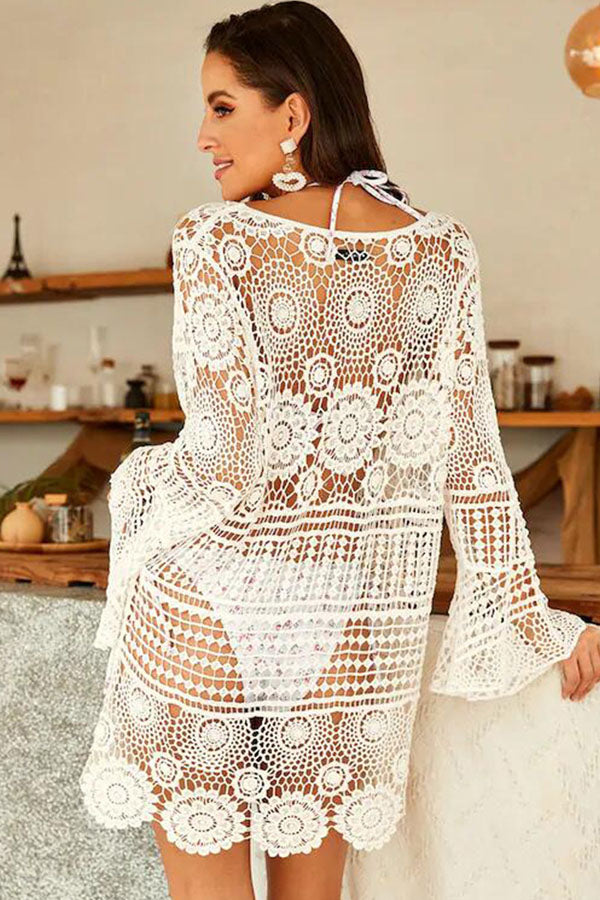 V Neck Hollow Solid Color Cover Up