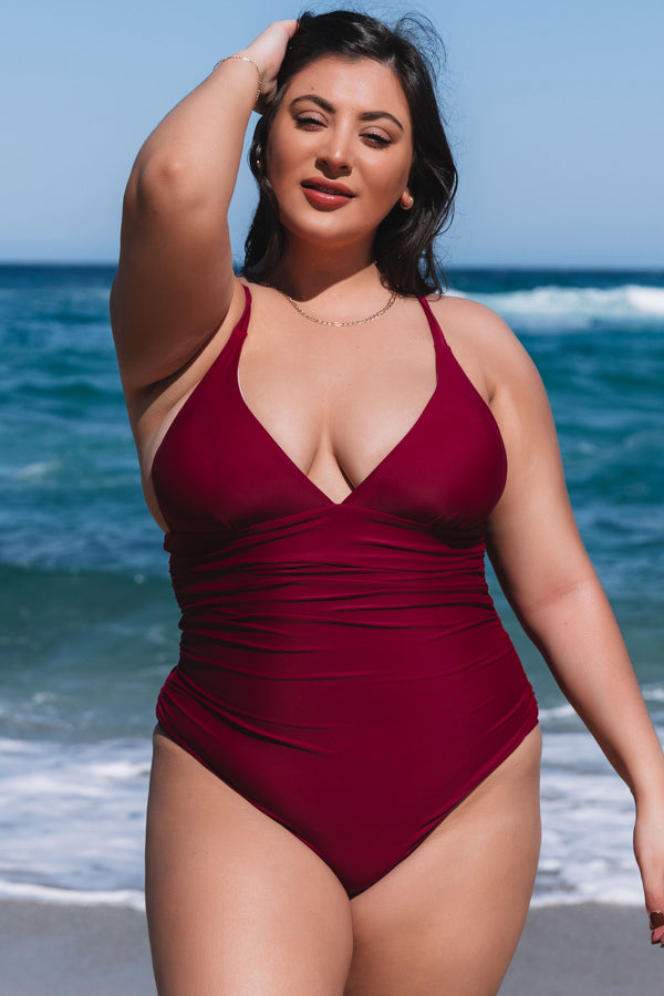 Plus Size Solid Color Cross Back One Piece Swimwear