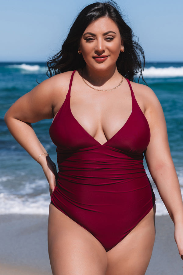 Plus Size Solid Color Cross Back One Piece Swimwear