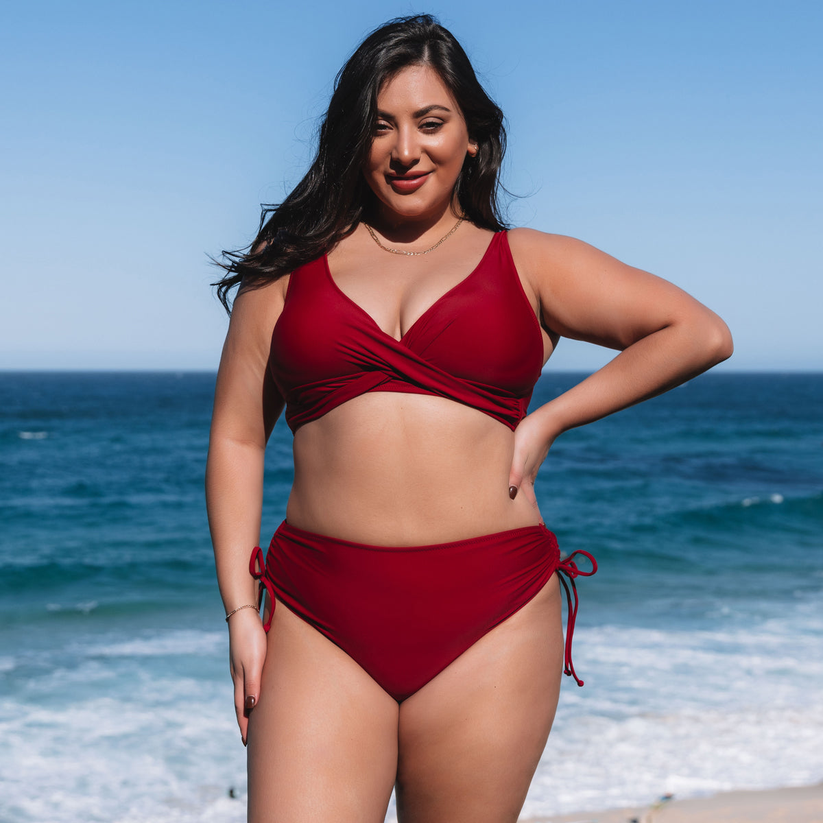 Plus Size Twist Front Solid Color High Waisted Bikini Set