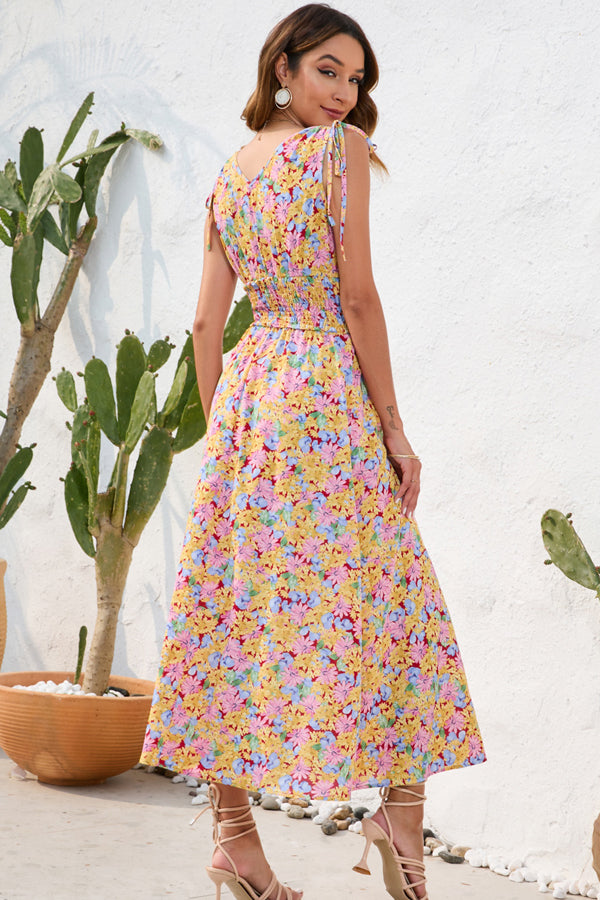Floral Print V Neck Ruffle Hem  Casual Dress