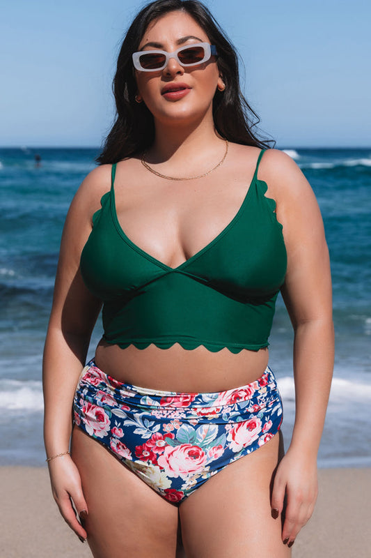 Floral Print Scolloped Hem Plus Size Bikini Set