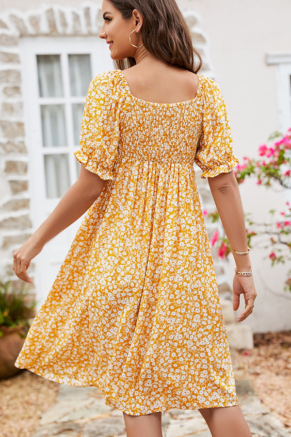 Floral Print Hook Design V Neck Casual Dress