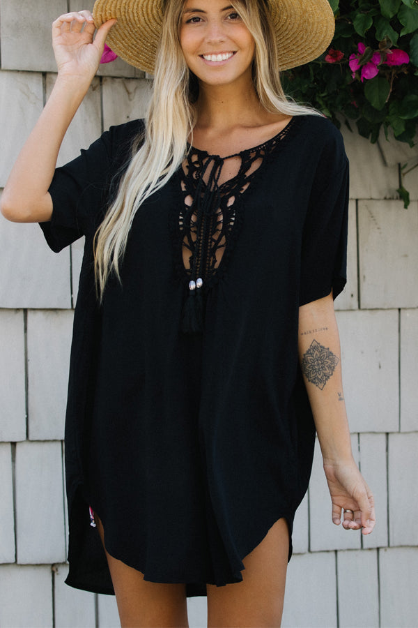 Solid Color V Neck Lace Swimwear Cover Up