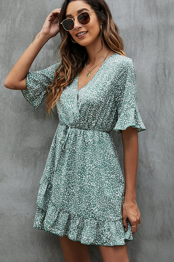 V Neck Printed Trumpet Sleeve Casual Dress