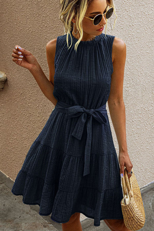 Tie Waist Solid Casual Mini Dress
