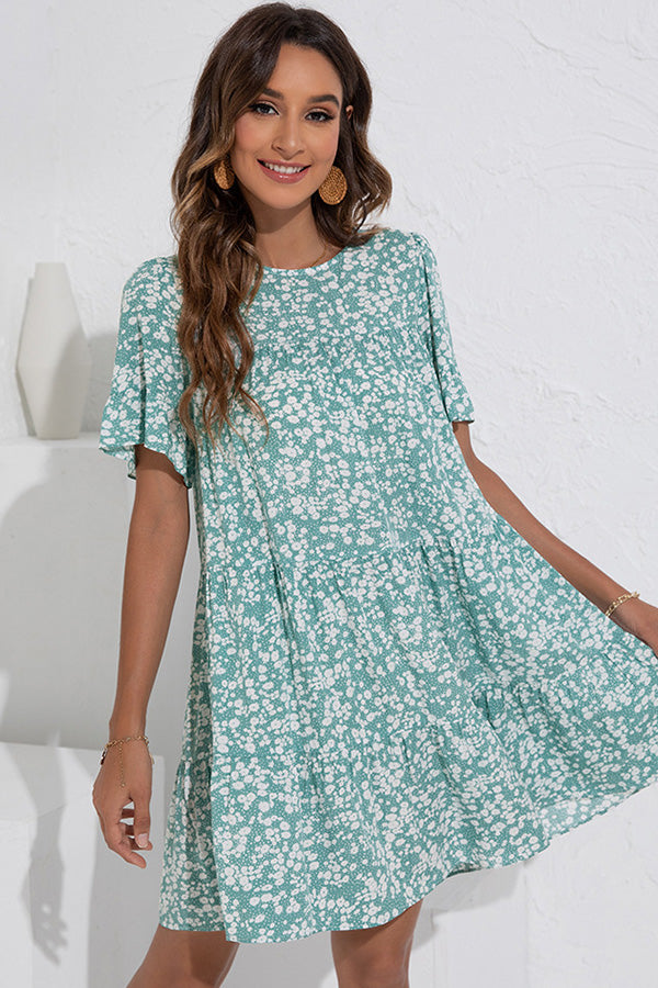 Floral Print Ruffled Round Neck Casual Dress