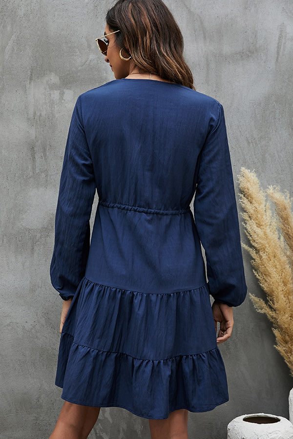 Long Sleeve V Neck Tie Waist Casual Dress