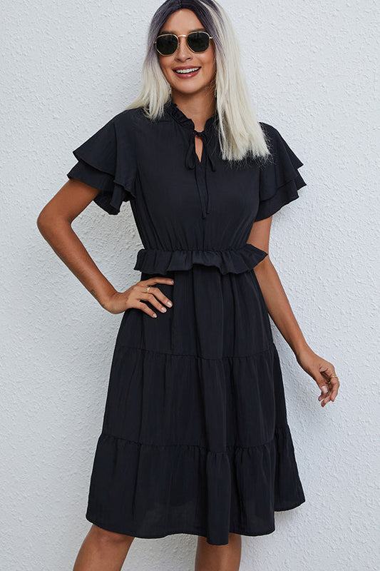 Ruffled Short Sleeve Solid Casual Dress