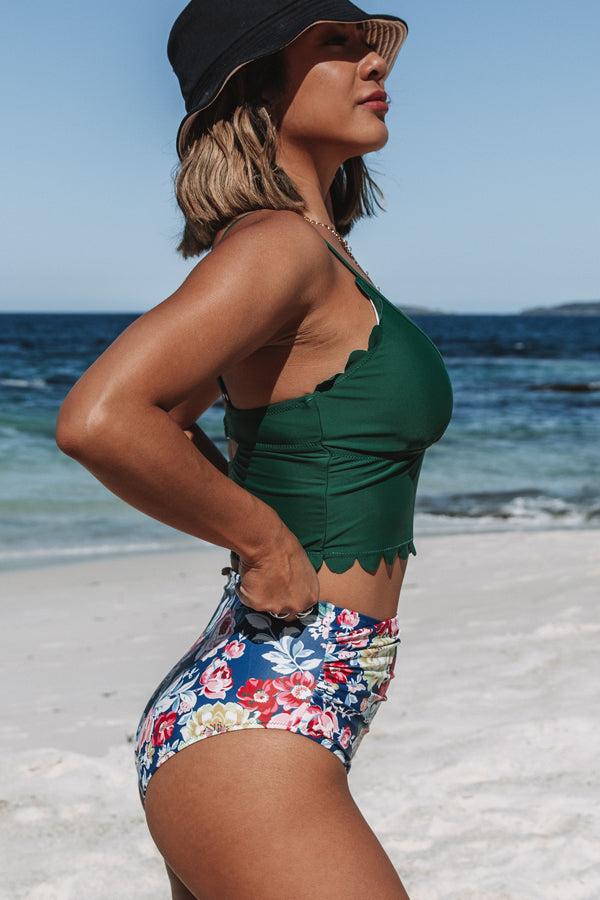 Scolloped Hem Floral Print Ruched Bikini Set