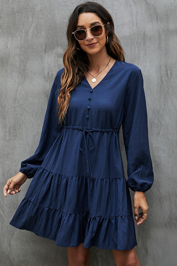 Long Sleeve V Neck Tie Waist Casual Dress