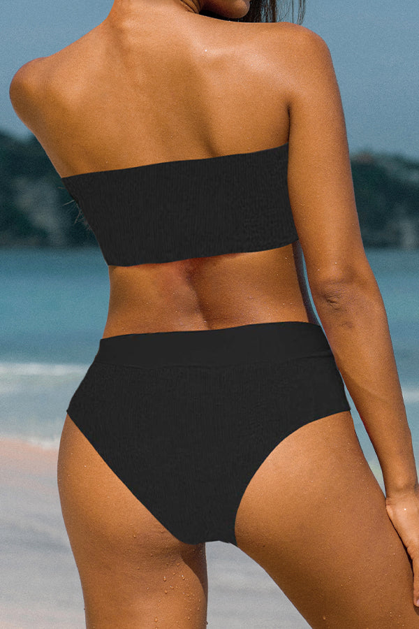 High Waist Solid Color Ribbed Bikini Set