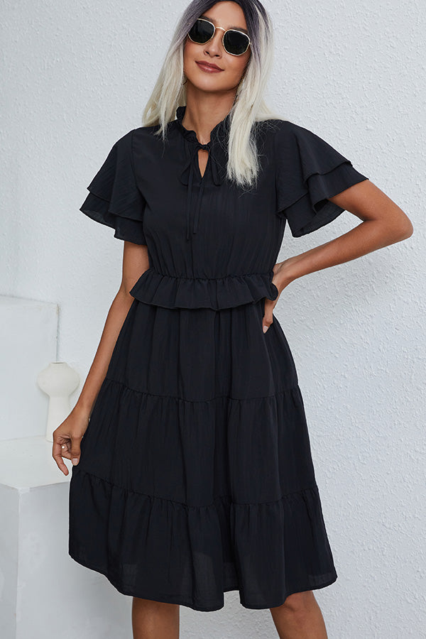 Ruffled Short Sleeve Solid Casual Dress