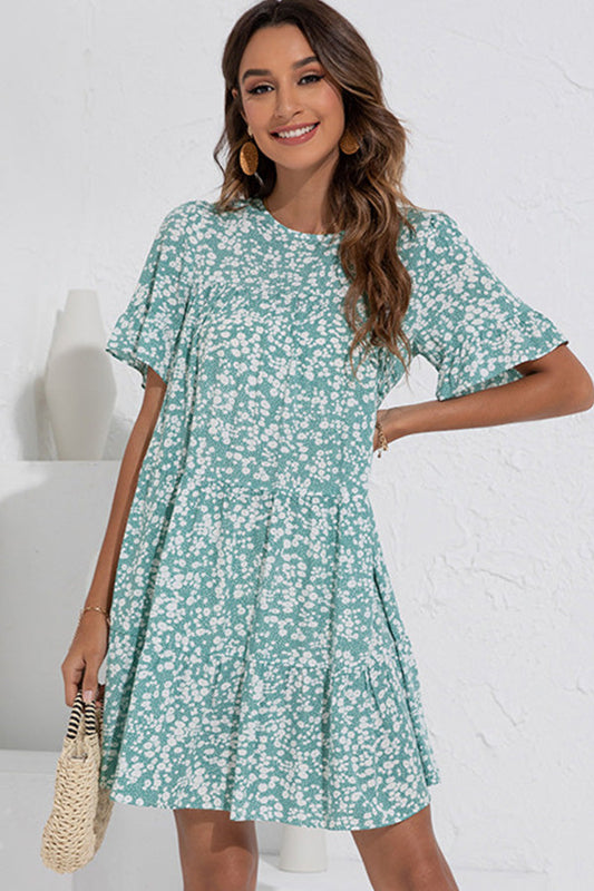 Floral Print Ruffled Round Neck Casual Dress