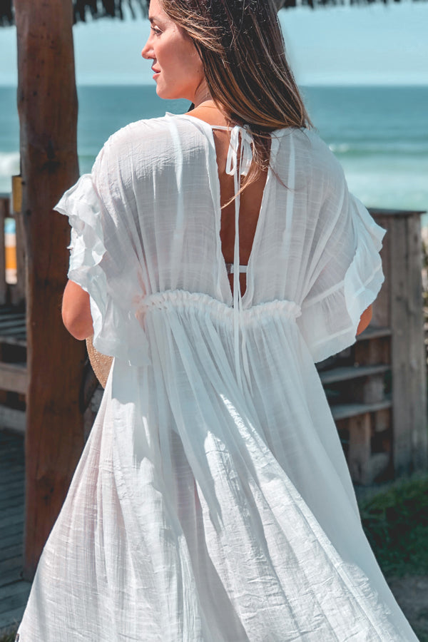 Drawstring Waist Ruffle Short Sleeve Cover Up