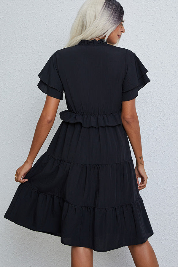 Ruffled Short Sleeve Solid Casual Dress