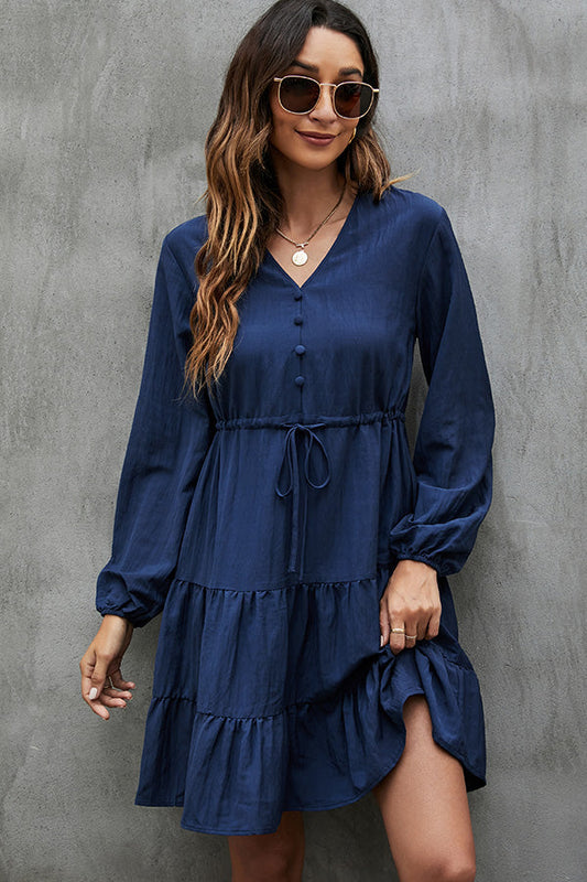 Long Sleeve V Neck Tie Waist Casual Dress