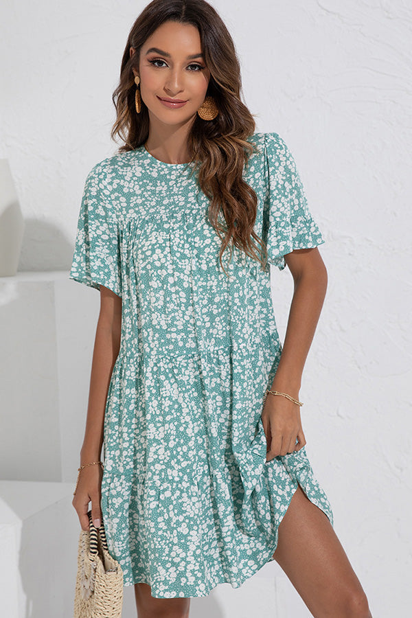 Floral Print Ruffled Round Neck Casual Dress