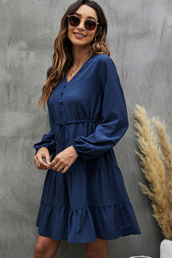 Long Sleeve V Neck Tie Waist Casual Dress