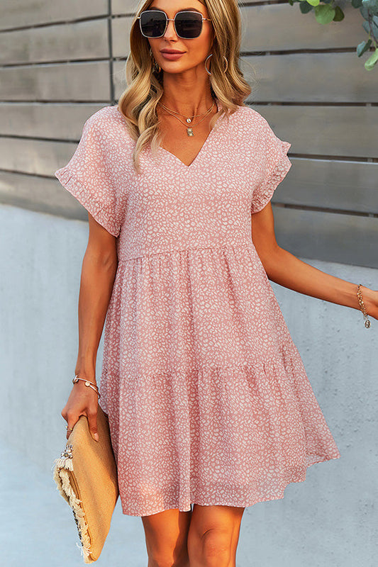 V Neck Ruffled Hem Casual Mini Dress