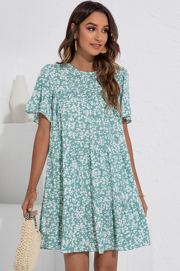 Floral Print Ruffled Round Neck Casual Dress