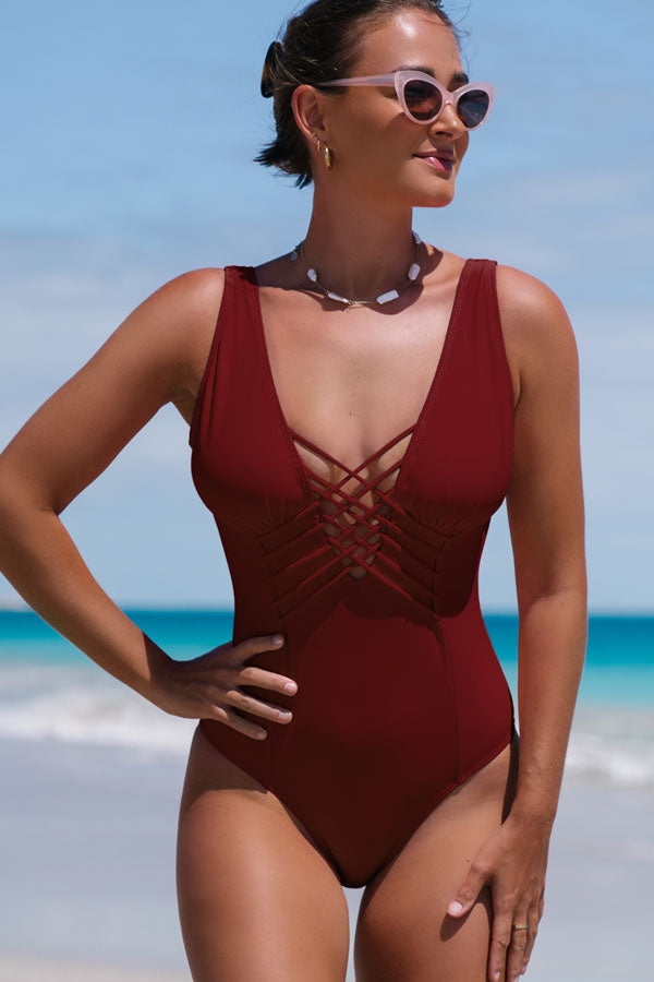 Solid Wine Red Cross Front One Piece Swimsuit