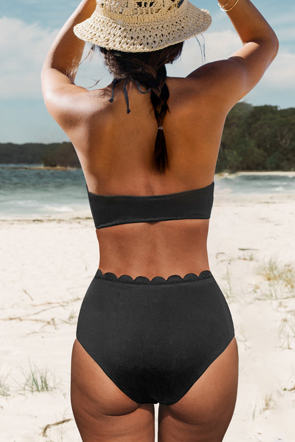 Scolloped Hem Halter Neck Solid Color Bikini Set