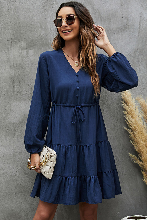 Long Sleeve V Neck Tie Waist Casual Dress