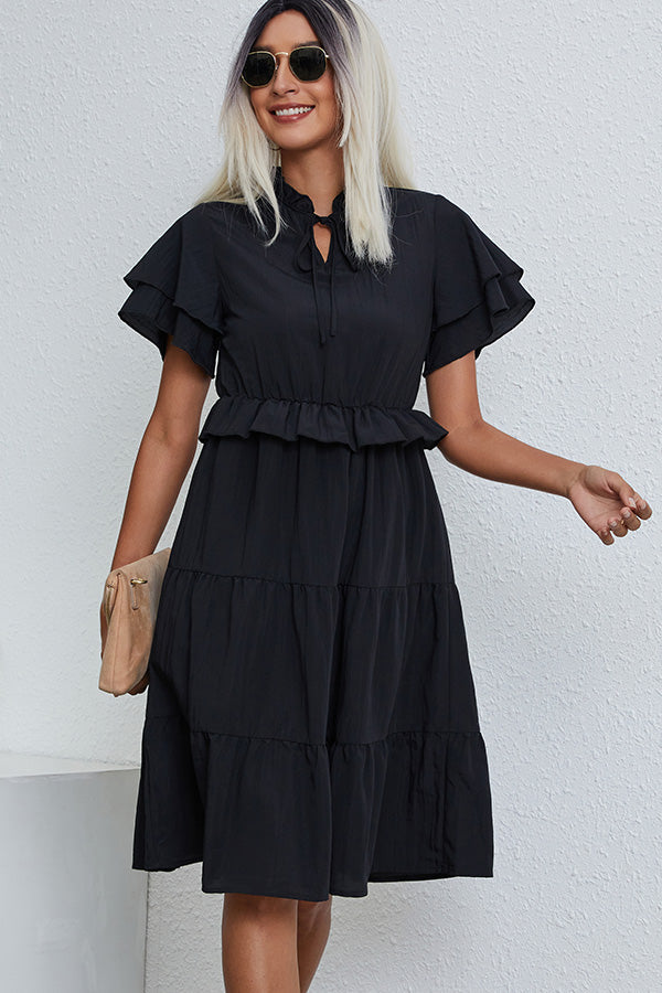 Ruffled Short Sleeve Solid Casual Dress